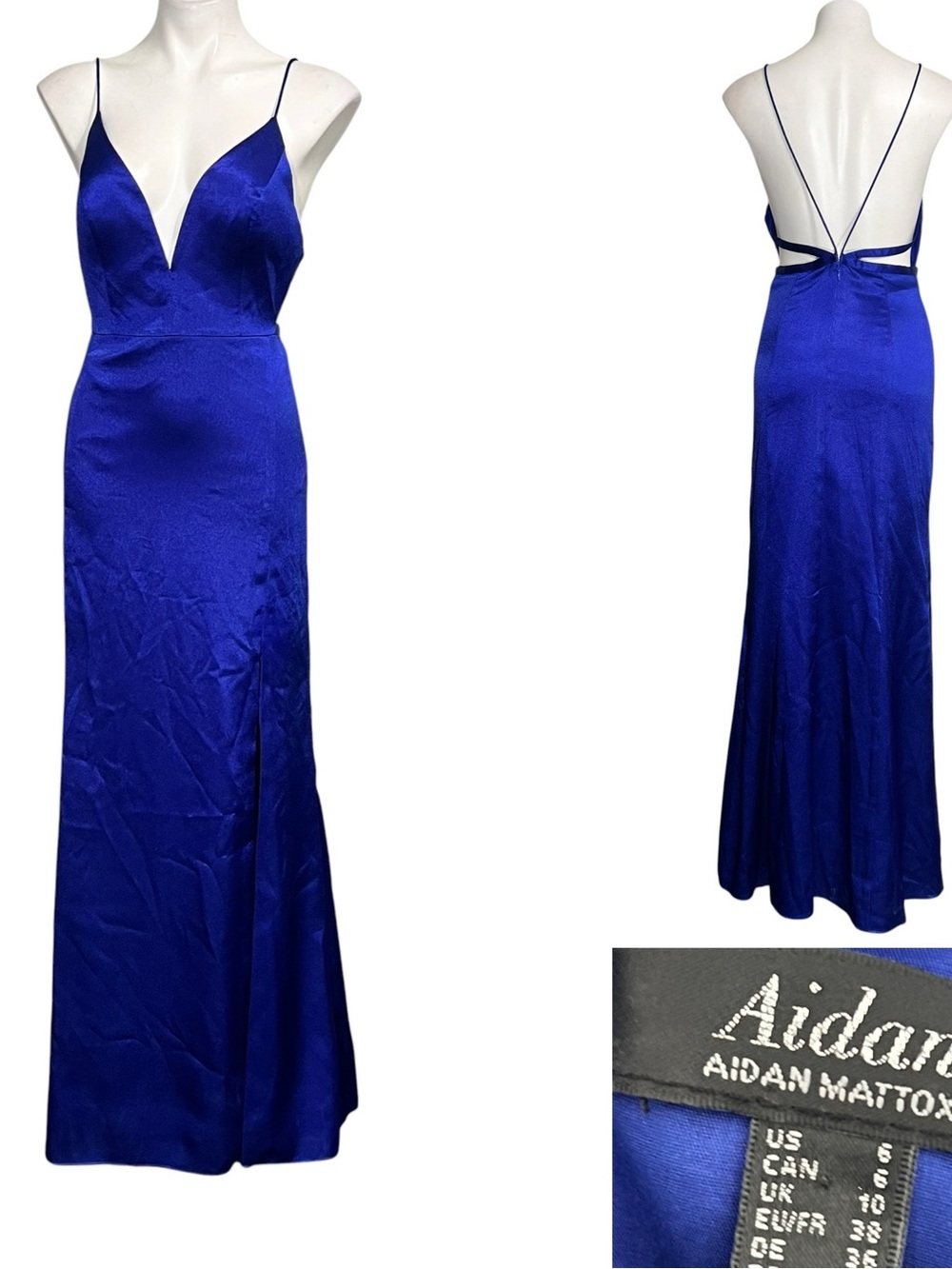 Aidan Mattox liquid Satin mermaid‎ dress Sz 6 Blue V formal gala prom high slit